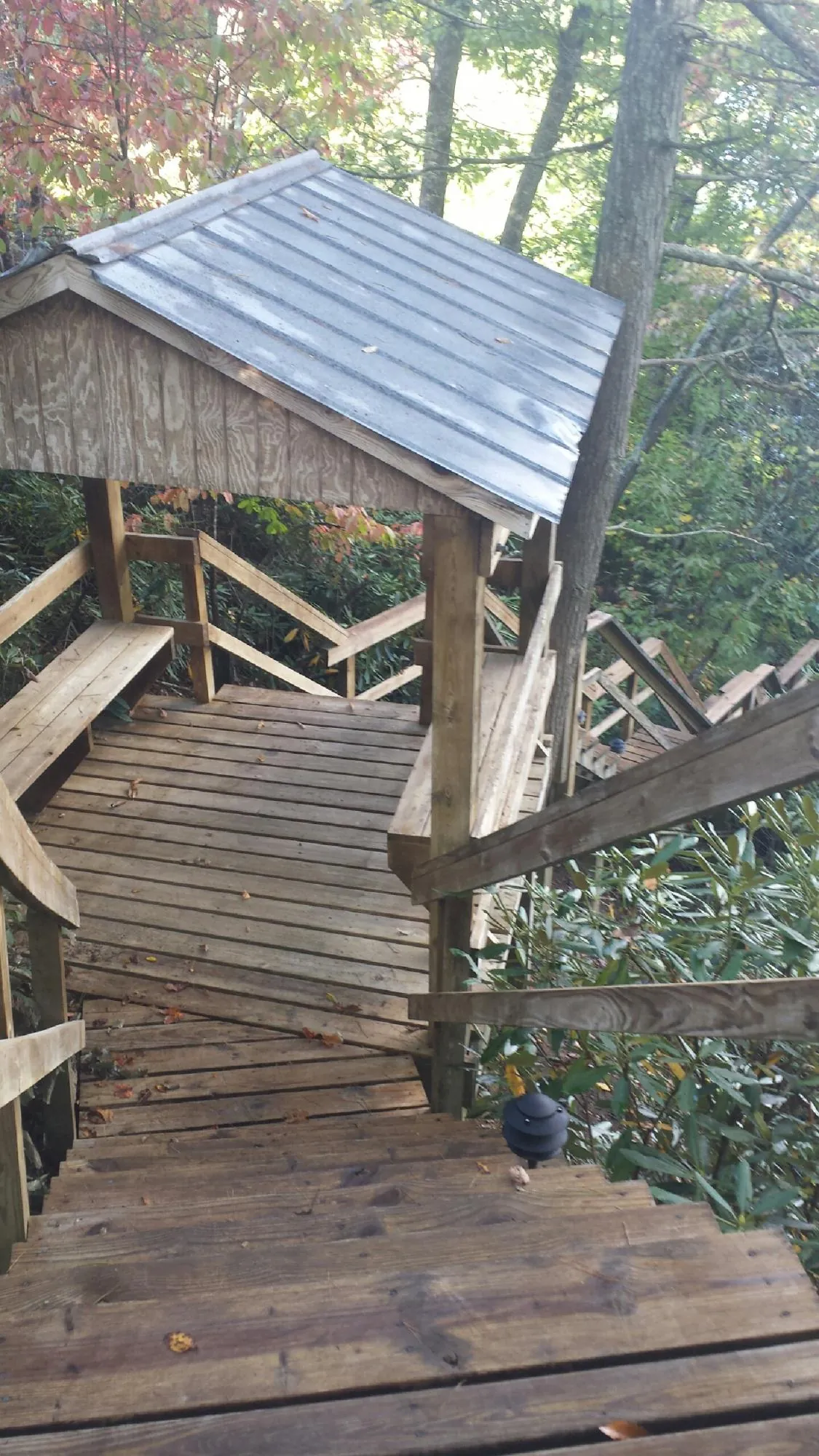 Metal roofed shelter over wooden steps on a wooded walkway — Skylight Repair & Installation work by our crew in Snook